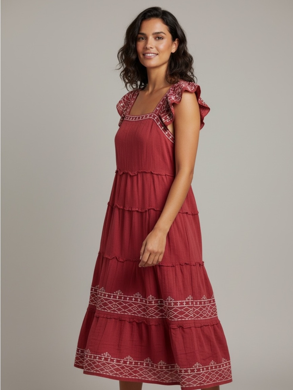 Knox Rose Brick Red‎ Embroidered Tiered Midi Nap Dress Sz Large